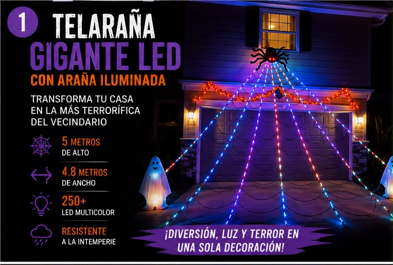 Telaraña Gigante LED con Araña Iluminada 🕷️🎃