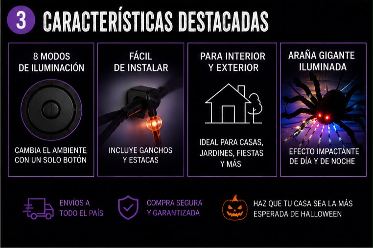 Telaraña Gigante LED con Araña Iluminada 🕷️🎃