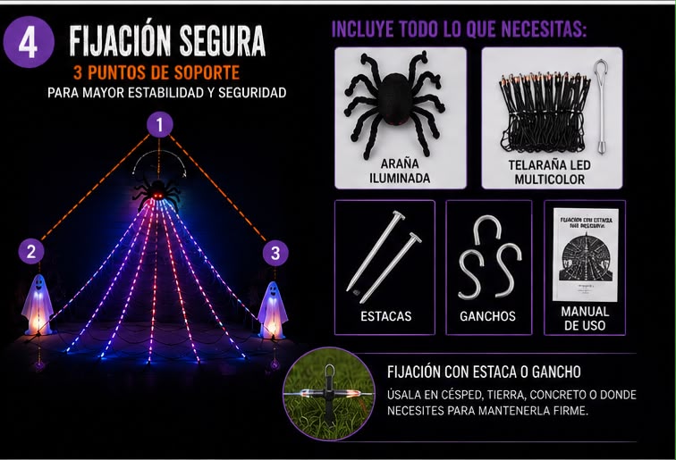 Telaraña Gigante LED con Araña Iluminada 🕷️🎃